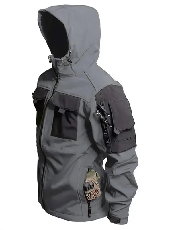 Men's Patchwork Print Zip Up Hooded Jacket, Casual Long Sleeve Drawstring Windproof Coats for Outdoor Activities, Military Ja...