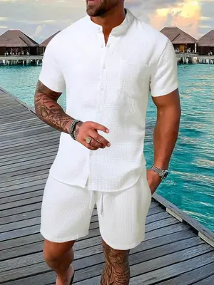 Two-Piece Set Men's Solid Pocket Back To School Shorts Set, Casual Button Front Shirt & Drawstring Waist Shorts for Beach V...