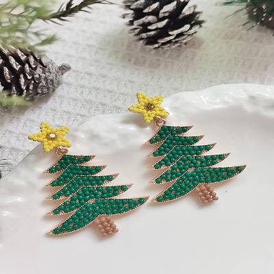 Christmas Tree Alloy & Acrylic Beaded Dangle Stud Earrings for Women