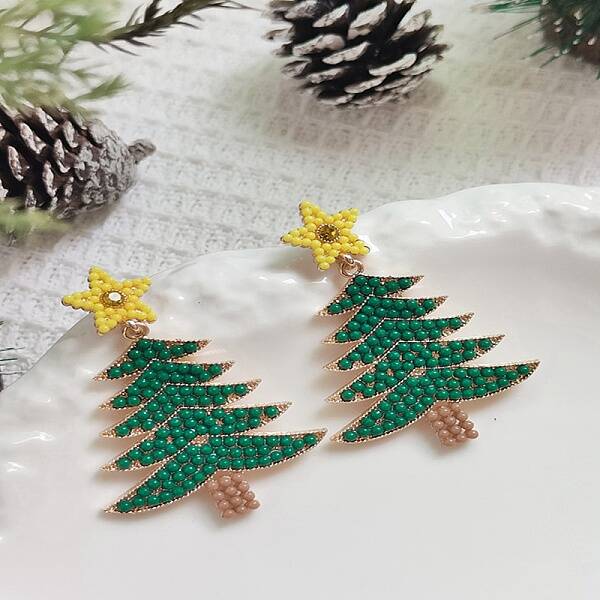 Christmas Tree Alloy & Acrylic Beaded Dangle Stud Earrings for Women