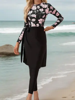 Women's Floral Print Long Sleeve Swimwear Set, Modest Casual Swimsuit for Beach Holiday Vacation, Ladies Swimwear for All Sea...