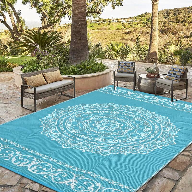 Garvee Outdoor Light Blue & White 9x12 Rug – Reversible Medallion Plastic Straw Rug, Waterproof Washable Outdoor Patio Rug ...