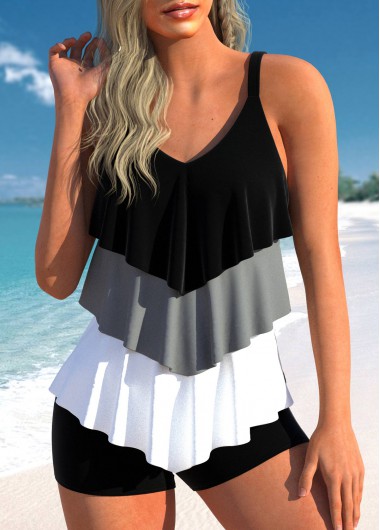 Modlily Handkerchief Hem Black Contrast Tankini Set - XXL