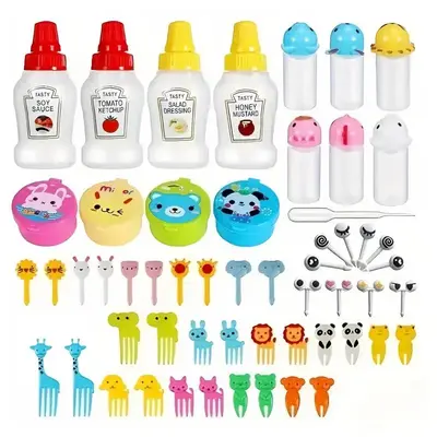 Cute Cartoon Design Food Picks Set, 1 Set Including Lovely Sauce Squeeze Bottle & Dessert Forks & Sauce Box & Liquid Bottle, ...