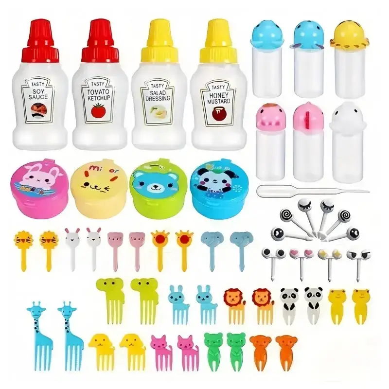 Cute Cartoon Design Food Picks Set, 1 Set Including Lovely Sauce Squeeze Bottle & Dessert Forks & Sauce Box & Liquid Bottle, ...