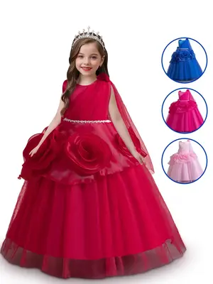 Girl's Tiered Layer Floral Decor Fit & Flare Tulle Dress, Elegant Round Neck Sleeveless Dress for Party, Kids Summer Clothes