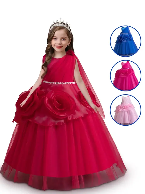 Girl's Tiered Layer Floral Decor Fit & Flare Tulle Dress, Elegant Round Neck Sleeveless Dress for Party, Kids Summer Clothes
