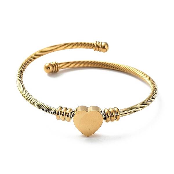 304 Stainless Steel Cuff Bangle with 201 Stainless Steel Heart Beaded