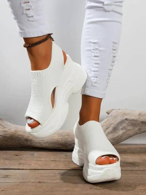 Women's Fashionable Casual Plain Hollow out Design Platform Sandals, Simple Design High Heel Wedge Sandals for Summer 2024 Ba...