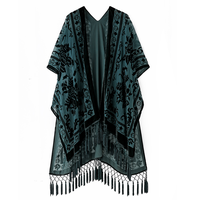 WeHello Women's Boho Burnout Velvet Kimono Long Cover Up with Tassel,Casual Cardigan, Shawl