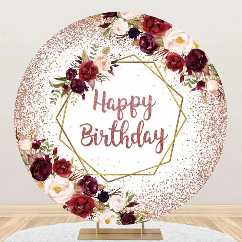 Red Rose Gold Glitter Floral Round Birthday Backdrop - Aperturee