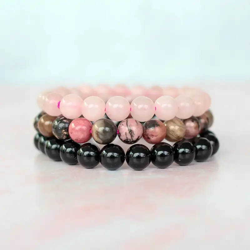 Stress Relief Crystal Bracelet Set | Black Obsidian, Rhodonite, and Rose Quartz