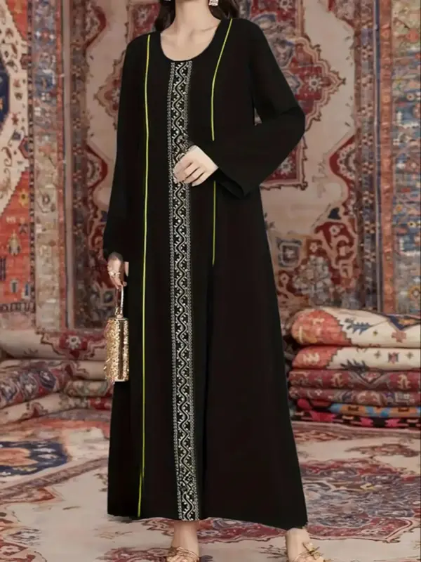 Women's Graphic Print Long Sleeve Abaya, Modest Casual Long Dress for Daily Wear, Ladies Islamic Clothing for All Seasons