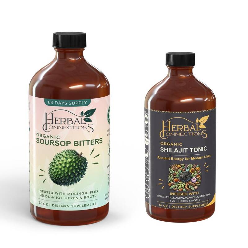 Organic Soursop Bitters 32 oz & Organic Shilajit Tonic 16 oz  20 Herbal blends for Gut Health, Detox, Energy, Vitality &