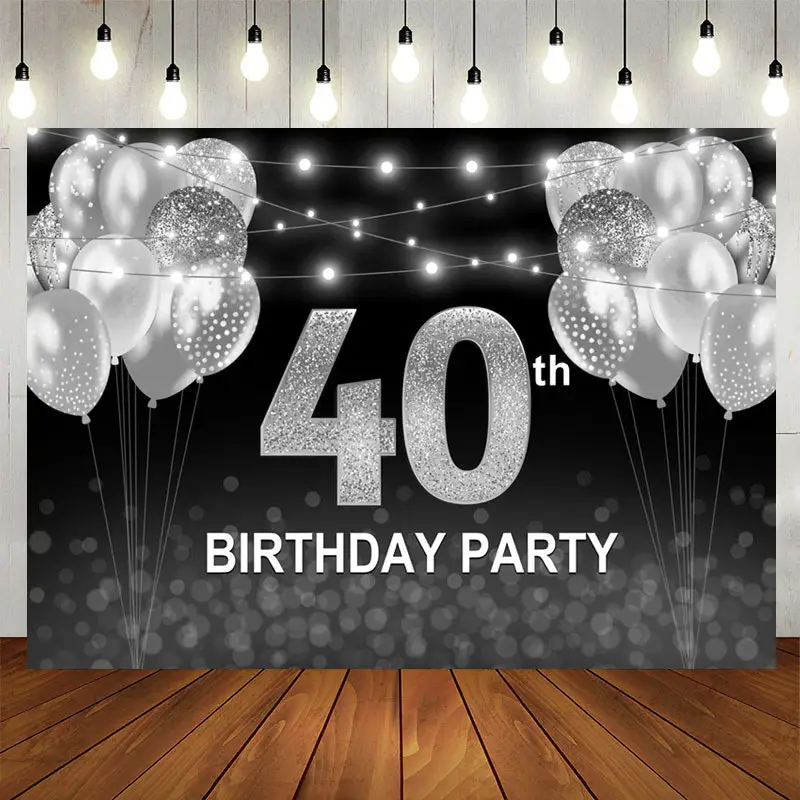 Aperturee Black Silver Balloon Happy 40th Birthday Backdrop