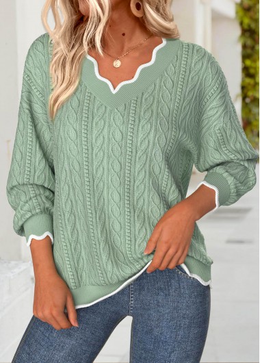 Modlily Sage Green Scalloped Hem Long Sleeve V Neck Sweatshirt - L