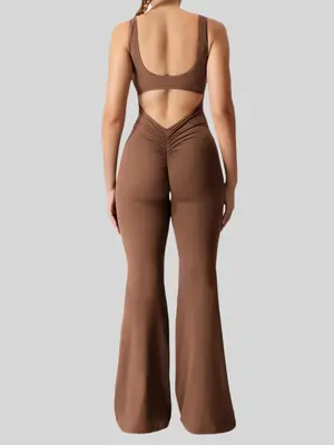 Women's Solid Color Backless Ruched Removable Chest Padded Flare Leg Jumpsuit, Casual Comfy Sleeveless U Neck Bell Bottom Jum...