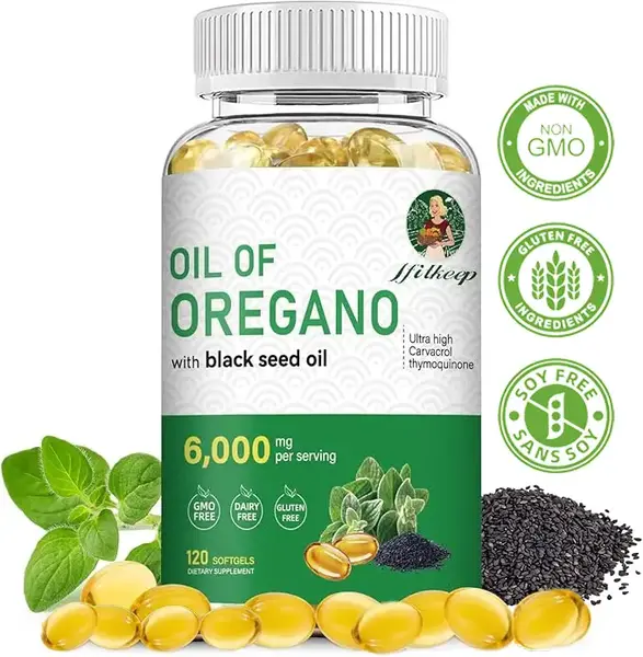 Oregano Oil 6000 mg (per serving) with Black Seed Oil —Immune Repair, Detox, Anti-Inflammatory, Eases Bloating — 120 Coun...