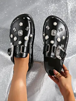 Women's Fashion Rhinestone & Faux Pearl Decorated Slides, Casual Comfortable Platform Sandals for Beach, All-match Rhinestone...