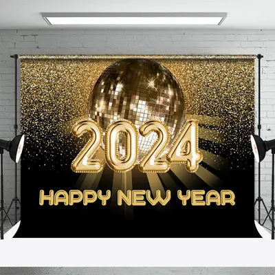 Aperturee Disco Golden Ball Happy New Year 2024 Backdrop