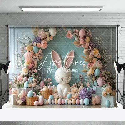 Aperturee Colorful Floral Arch Bunny Egg Spring Easter Backdrop, 3X2FT(1MX0.6M), 14 USD, easter backdrops, ENHD3J52-M