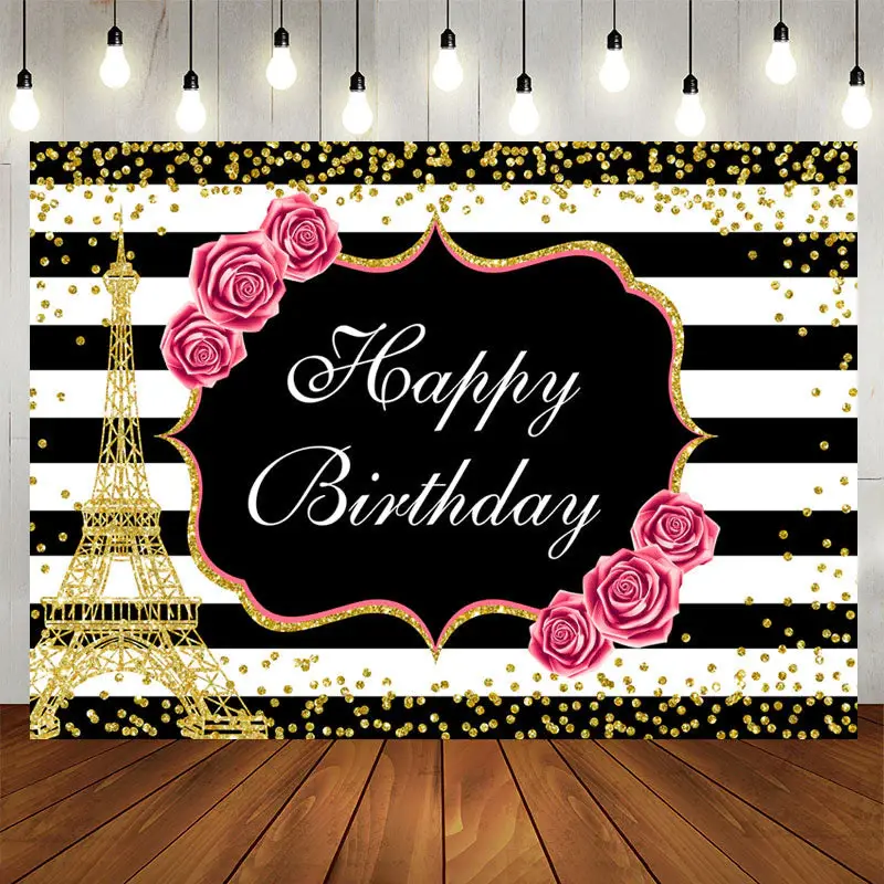 Aperturee Floral Gold Eiffel Tower Glitter Birthday backdrop