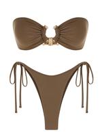 Two-piece Set Women's Ruched U Shape Ring Linked Bikinis Set, Casual Fashion Chic Padded Bandeau Swim Bra & Tie Side Swim Pan...