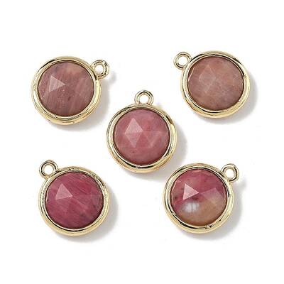Brass Pave Natural Rhodonite Faceted Flat Round Charms