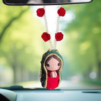 Handmade Crochet Car Rearview Mirror Hanging Ornament, Cute Mary Statue Car Interior Decoration, Car Rearview Mirror Pendant,...