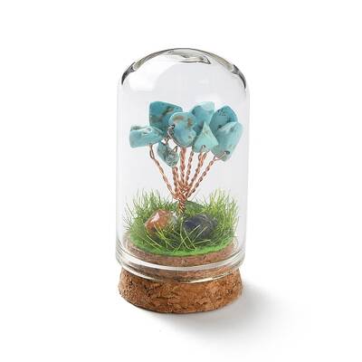 Syntheticl Crackle Turquoise Chips Money Tree in Dome Glass Bell Jars with Wood Base Display Decorations
