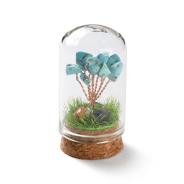 Syntheticl Crackle Turquoise Chips Money Tree in Dome Glass Bell Jars with Wood Base Display Decorations