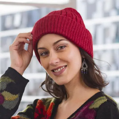Comfy in Red Crimson Red 100% Alpaca Soft Cable Knit Hat from Peru