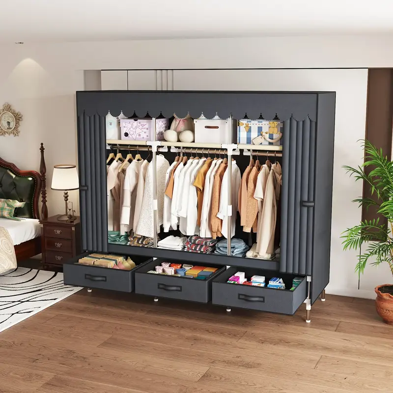 Portable Closet for Hanging Clothes，Wide Large Sturdy Freestanding Closet Organizer with Drawers - Dust-Proof Fabric Cover,...