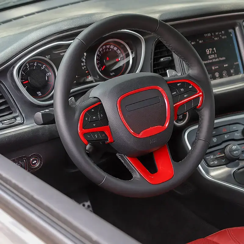 for Dodge Challenger & Charger 2015+ & Durango 2014+ ABS Carbon Fiber Red Blue Decal Steering Wheel Decor Cover Kit Trim Whee...