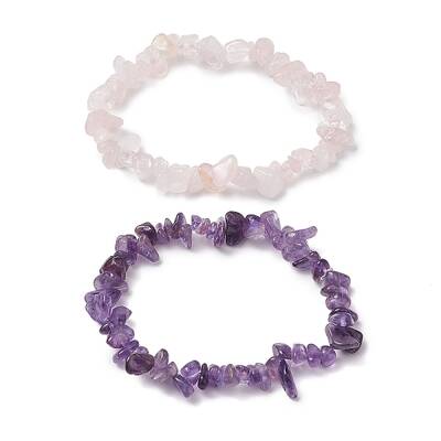 2Pcs 2 Style Natural Rose Quartz & Amethyst Chips Beaded Stretch Bracelets Set