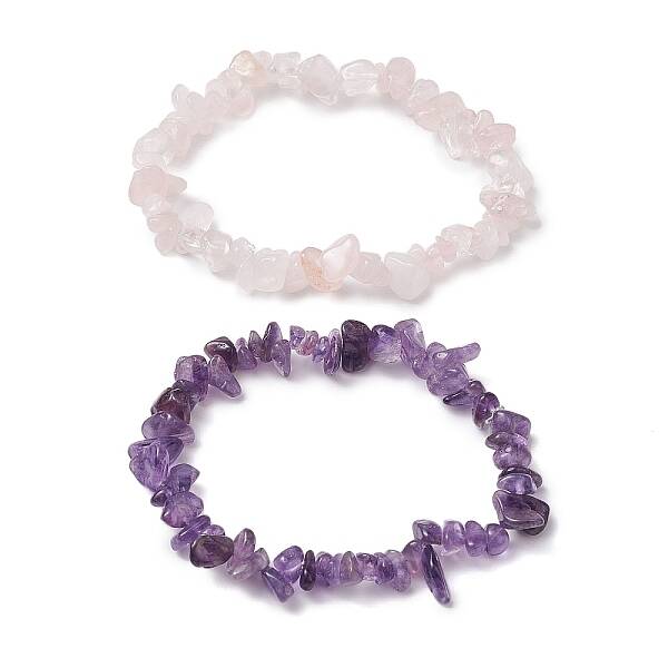 2Pcs 2 Style Natural Rose Quartz & Amethyst Chips Beaded Stretch Bracelets Set