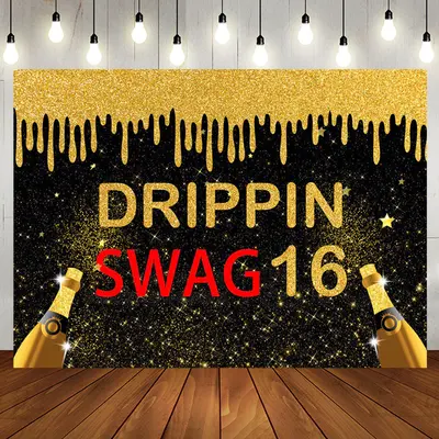 Black Gold Glitter Drippin Swag 16 Birthday Backdrop