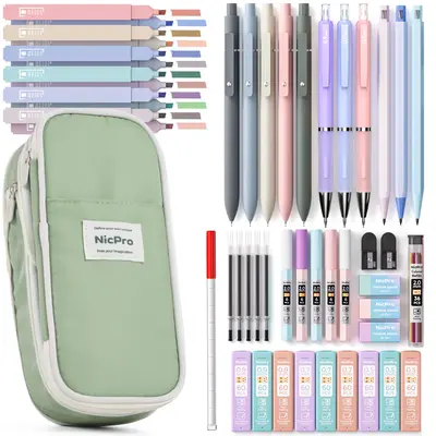 Nicpro 50PCS Aesthetic School Supplies with Cute Pencil Case, 5 Quick Dry Black Ink Pens, 12 Pastel Highlighters, 6 Mechanica...