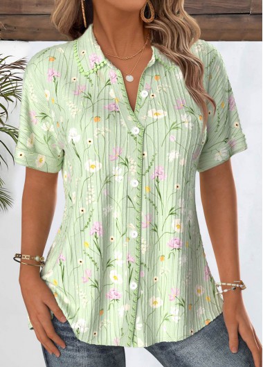 Modlily Light Green Floral Print Short Sleeve Shirt - M