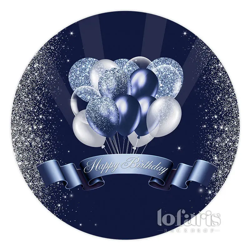 Aperturee Silver Navy Blue Glitter Balloons Round Birthday Backdrop | Birthday Backdrop | Round Backdrop Covers | Happy Birth...