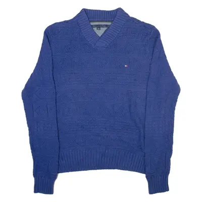 TOMMY HILFIGER Mens Heavy Knit Jumper Blue V-Neck Tight Knit L