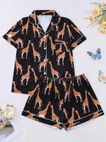 Women's All Over Giraffe Print Short Sleeve Pajama Set, Button Front Chest Pocket Design Lapel Neck Top & Elastic Waist Short...