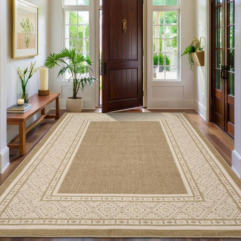 Garvee Modern Neutral Bordered Area Rug 10'x13' Soft Washable Non-Slip Polyester Geometric Pattern Durable Low-Pile Living Ro...