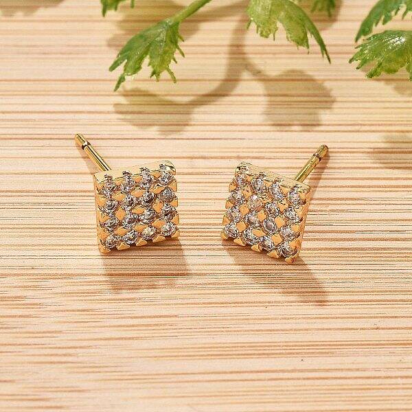 Square Brass Micro Pave Clear Cubic Zirconia Stud Earrings for Women