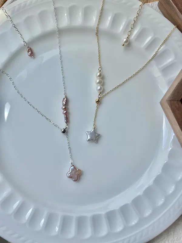 Minimalist Adjustable Freshwater Baroque Pearl Star Slice Length Necklace oriental  pearl