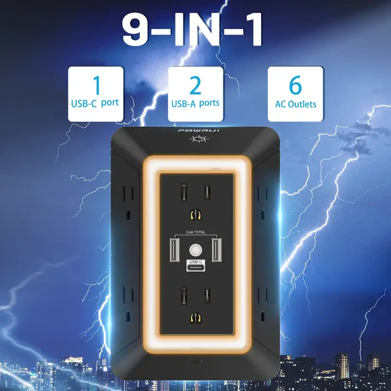 POWRII 9-IN-1 Wall Plug Upgrade with 5 AC Outlets 2 USB-A & 1 USB-C Ports Night Light Surge Protection Socket Holder Accessor...