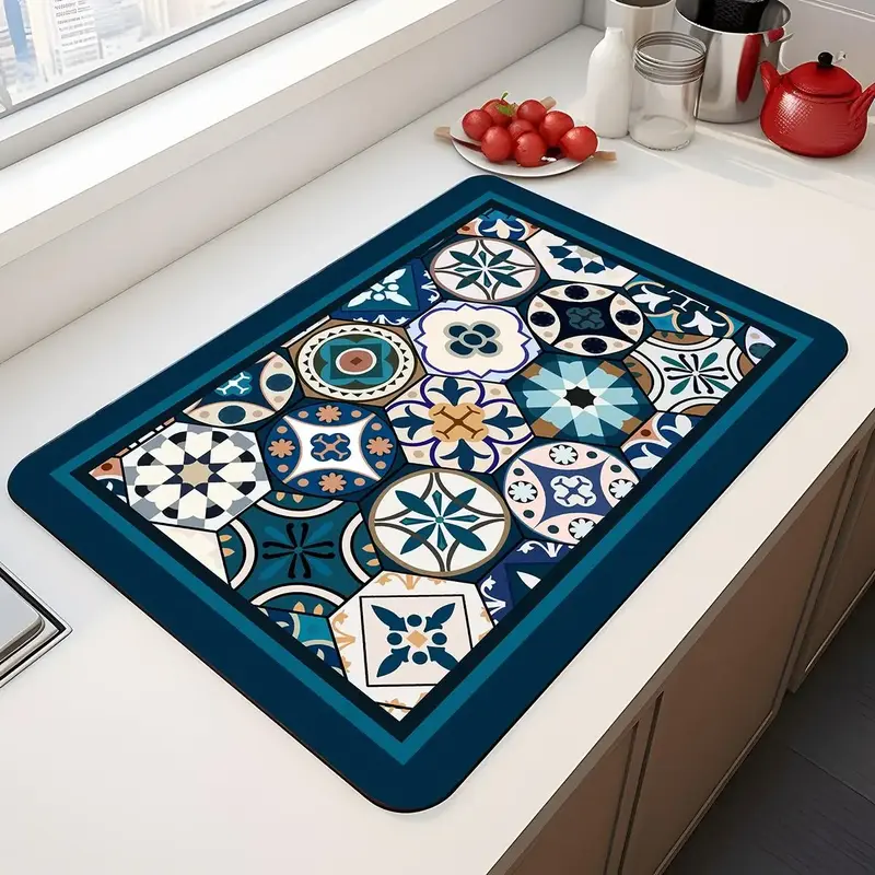Retro Geometric Pattern Dish Drying Mat, 1 Count Kitchen Non-slip Rectangular Dish Drain Mat, Coffee Table Mat for Kitchen, C...