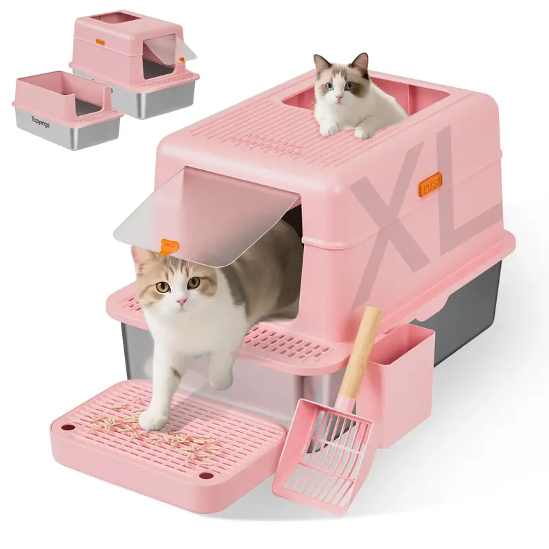 TOPYANS Large Stainless Steel Cat Litter Box (With Lid) Features a high-sided, enclosed design for leak prevention and easy c...