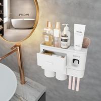 Toothbrush Holders Wall Mounted,with Automatic Toothpaste Dispensers,2 Magnetic Cups,1 Cosmetic Drawer Organizer and 1 Large ...