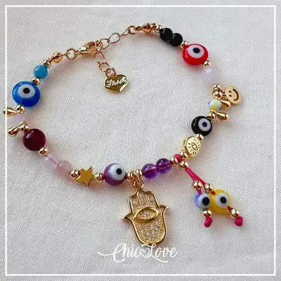 Amethyst Evil Eye for Protection & Energy Balance – Handmade Hamsa with Blue Jade and Fuchsia Agate, Adjustable Gift for Wo...